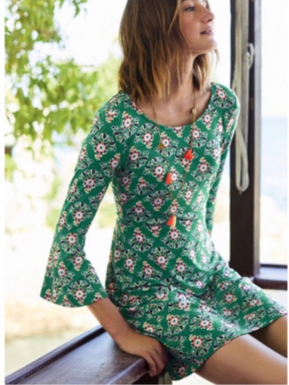 Boden‎ Miriam kelly green bell sleeve stretch jersey tunic dress 8 long